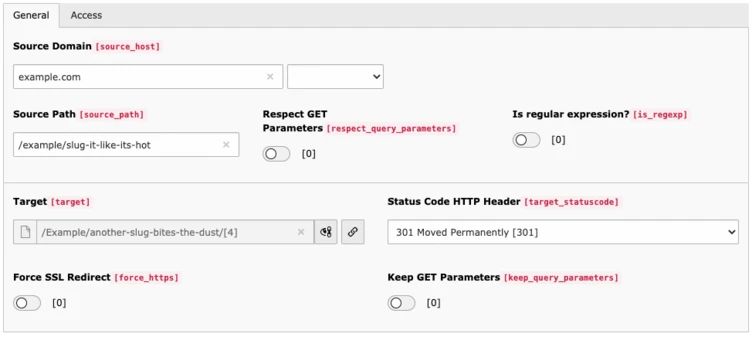 Form fields for configuring URL redirection, including options for source domain, source path, target URL, HTTP status code, and SSL redirect settings.