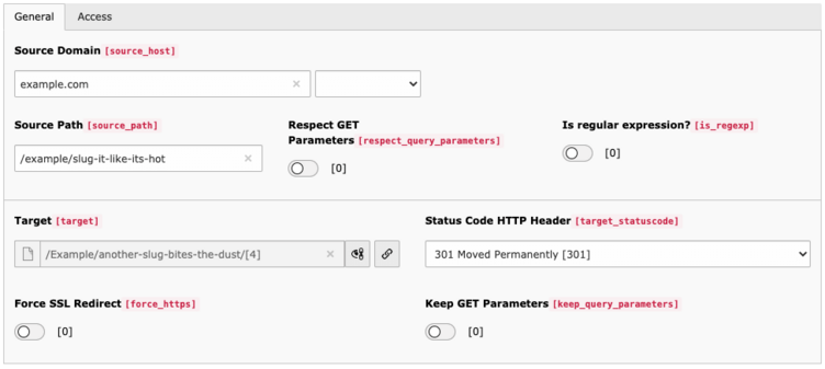 Form fields for configuring URL redirection, including options for source domain, source path, target URL, HTTP status code, and SSL redirect settings.