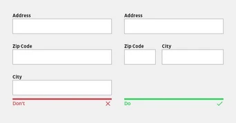 Form layout displaying fields for address, zip code, and city. The left side indicates incorrect entries with a red "Don't" and an "X," while the right side shows correct entries with a green "Do" and a checkmark.