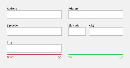 Form layout displaying fields for address, zip code, and city. The left side indicates incorrect entries with a red "Don't" and an "X," while the right side shows correct entries with a green "Do" and a checkmark.