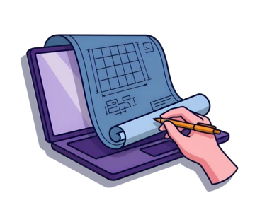 A hand holds a pencil, drawing on a blueprint that is unrolling from a laptop screen, depicting architectural plans and grids.