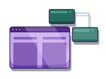 A purple web browser window connected to two green data blocks, illustrating a network or data flow concept.