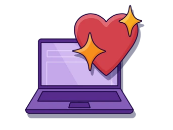 Purple laptop with a large red heart and sparkles above it, symbolizing affection for technology or digital connection.