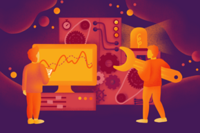 Two figures interact with a computer displaying a fluctuating graph. One figure holds a large wrench, while the other points at the screen. The background features gears and various technical elements, suggesting a theme of engineering or data analysis.
