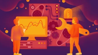 Two figures interact with a computer displaying a fluctuating graph. One figure holds a large wrench, while the other points at the screen. The background features gears and various technical elements, suggesting a theme of engineering or data analysis.
