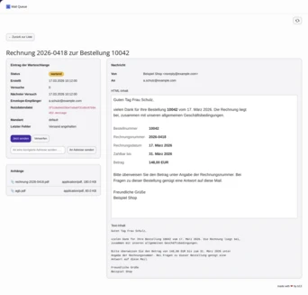 Rechnung 2026-0418 für Bestellung 10042, datiert vom 17. März 2026, insgesamt 148,00 EUR, gesendet von Beispiel Shop an Frau Schulz.