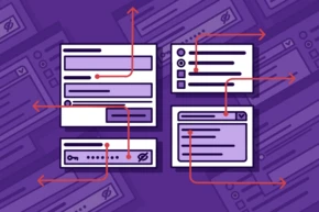 User interface elements including text fields, checkboxes, and buttons, connected by arrows on a purple background.