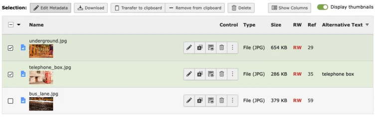 Three file names listed: "underground.jpg," "telephone_box.jpg," and "bus_lane.jpg," along with their respective sizes and control options.