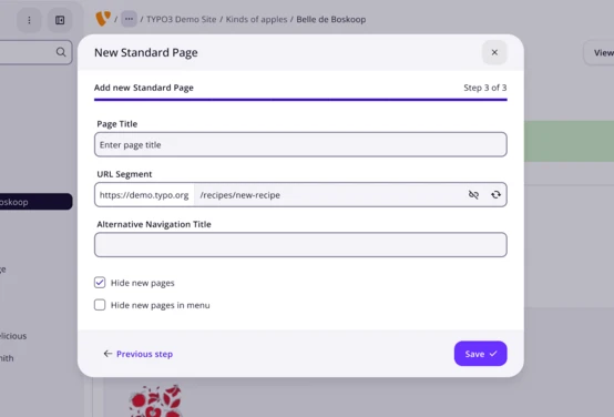 Form for creating a new standard page, featuring fields for page title, URL segment, and alternative navigation title, with options to hide new pages.