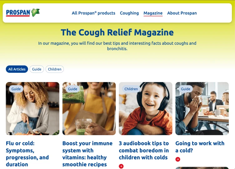 Cough Relief Magazine homepage featuring articles on coughs, bronchitis, and health tips, including guides for children and immune system support.