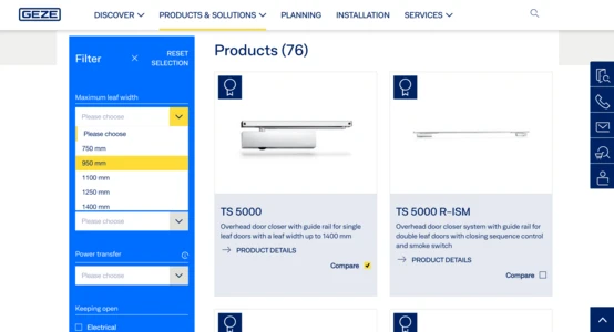 Filter options for door closers on a product selection page, including maximum leaf width and power transfer choices.