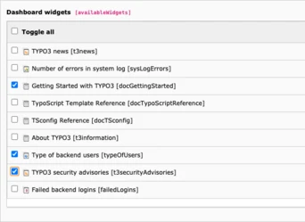 Screenshot showing Dashboard widget permissions