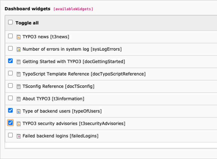 Screenshot showing Dashboard widget permissions