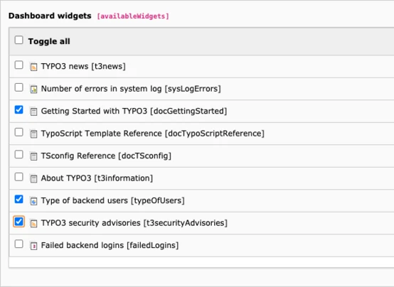 Screenshot showing Dashboard widget permissions