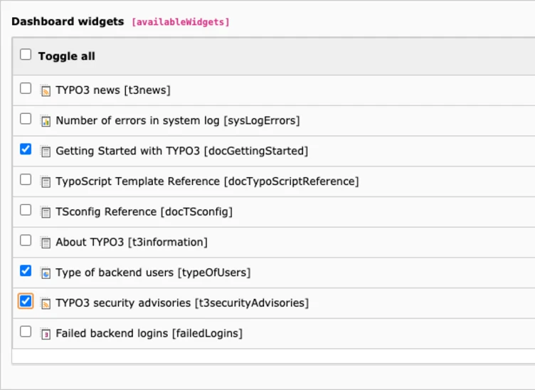 Screenshot showing Dashboard widget permissions