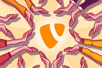 Multiple hands reach towards a central orange logo, symbolizing collaboration and support.