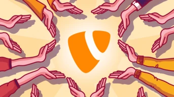 Mehrere Hände strecken sich nach einem zentralen orangefarbenen Logo, das Zusammenarbeit und Unterstützung symbolisiert.