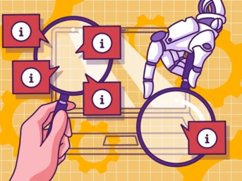 A hand holds a magnifying glass, examining a digital interface with multiple information icons. A robotic hand is positioned nearby, suggesting a theme of technology and analysis. Gears in the background enhance the technological context.