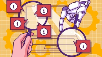 Illustration of a manual and automated website testing process. A human hand holds a magnifying glass, highlighting various information symbols, while a robotic hand also uses a magnifying glass. In the background, gears and a technical grid pattern emphasize the technological aspect of the topic. The image symbolizes the contrast between manual and automated accessibility testing.