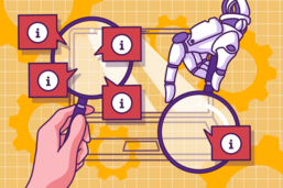 Illustration of a manual and automated website testing process. A human hand holds a magnifying glass, highlighting various information symbols, while a robotic hand also uses a magnifying glass. In the background, gears and a technical grid pattern emphasize the technological aspect of the topic. The image symbolizes the contrast between manual and automated accessibility testing.