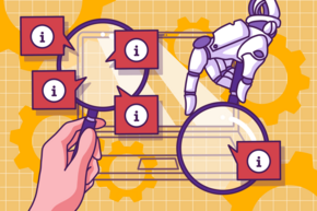 Illustration of a manual and automated website testing process. A human hand holds a magnifying glass, highlighting various information symbols, while a robotic hand also uses a magnifying glass. In the background, gears and a technical grid pattern emphasize the technological aspect of the topic. The image symbolizes the contrast between manual and automated accessibility testing.