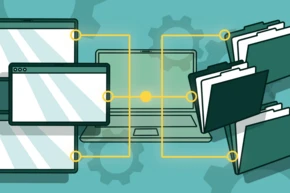 Ein Laptop verbindet sich mit mehreren Ordnern und Browserfenstern, im Hintergrund durch Zahnräder dargestellt, die für Datenmanagement und Organisation stehen.