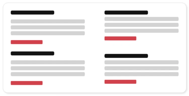 Vier Textblöcke in verschiedenen Farben (schwarz, grau, rot) sind gleichmäßig auf einem weißen Hintergrund angeordnet. Jeder Block enthält mehrere Zeilen Text, wobei einige Zeilen hervorgehoben sind.