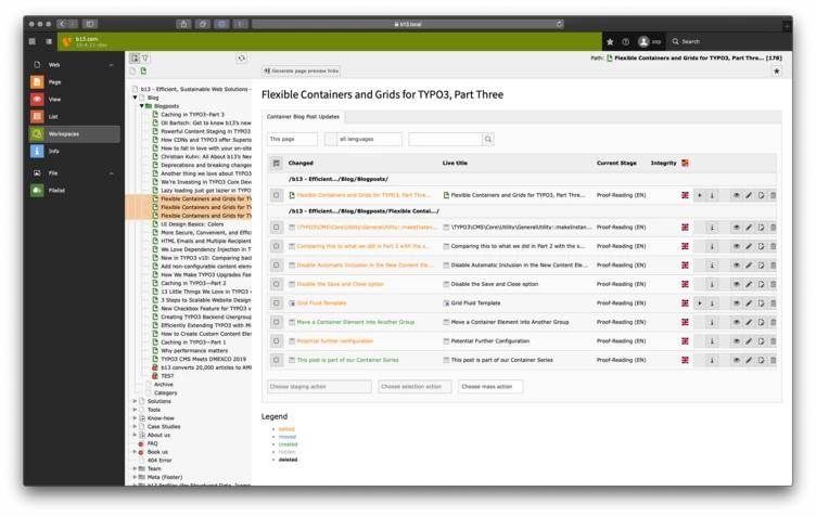 A user interface displaying a document titled "Flexible Containers and Grids for TYPO3, Part Three." It includes a list of sections with checkboxes, indicating their status, and a navigation panel on the left.