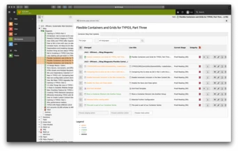 A user interface displaying a document titled "Flexible Containers and Grids for TYPO3, Part Three." It includes a list of sections with checkboxes, indicating their status, and a navigation panel on the left.