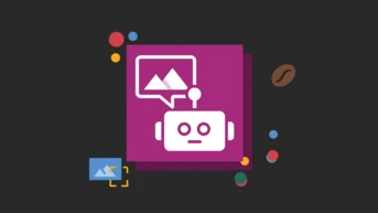 Ein Cartoon-Roboter mit einer Sprechblase, die Bergsymbole zeigt, vor einem dunklen Hintergrund mit bunten geometrischen Formen.