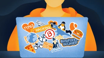 A laptop covered in various colorful stickers, including themes of hacking, programming, and open source, alongside illustrations of a globe, pizza, and a penguin. A person in an orange hoodie is seated in front of the laptop.