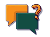 Two speech bubbles, one orange and one green, with a question mark above them, suggesting a conversation or inquiry.