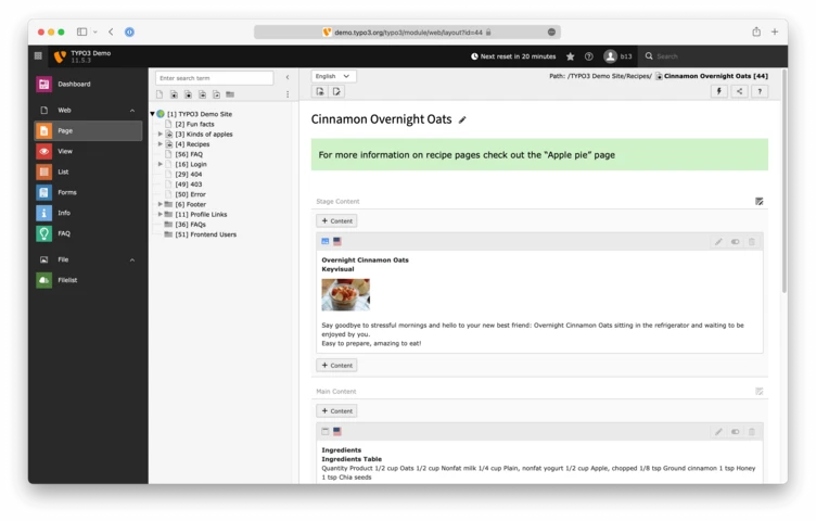 Cinnamon Overnight Oats recipe displayed on a webpage, featuring a brief description and ingredients list. A thumbnail image of the dish is included, along with a note directing users to the "Apple pie" page for more information.