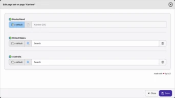 The Hreflang Multisite page-set editor opened on a page that is not linked yet: one empty row per market, waiting for a page to be picked in each.