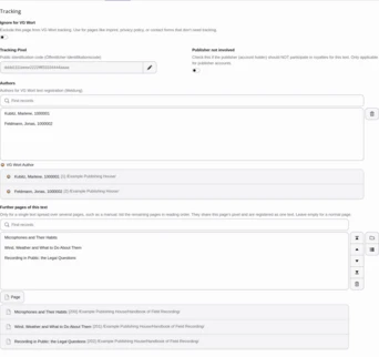The VG Wort tab in the entry page’s properties: its counting pixel, its authors, and the three further pages that form one text with it, in reading order.
