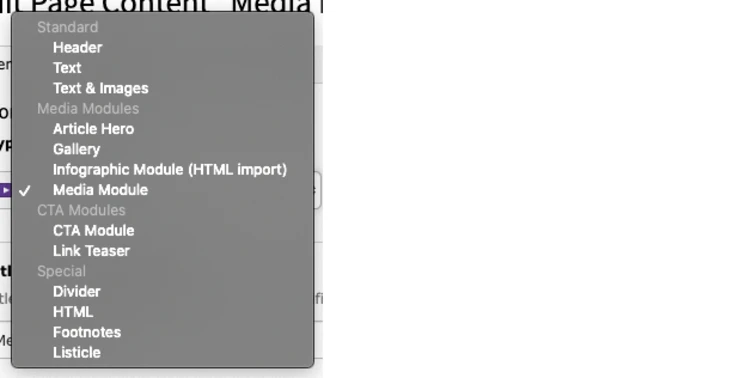 Dropdown menu displaying various content module options, including "Standard," "Header," "Text," "Gallery," "Media Module," "CTA Module," and others, with "Media Module" currently selected.