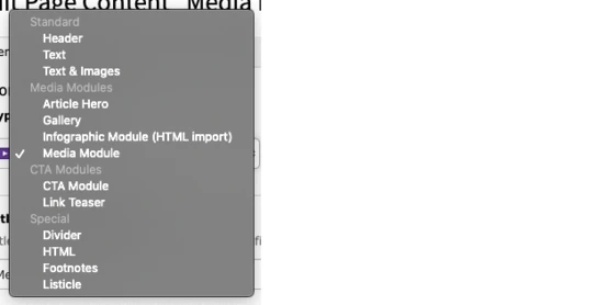 Dropdown menu displaying various content module options, including "Standard," "Header," "Text," "Gallery," "Media Module," "CTA Module," and others, with "Media Module" currently selected.
