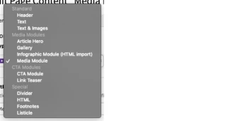 Dropdown menu displaying various content module options, including "Standard," "Header," "Text," "Gallery," "Media Module," "CTA Module," and others, with "Media Module" currently selected.