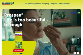Woman in a kitchen gestures while holding a product labeled "Prospan® Children." Text reads, "Life is too beautiful to cough."