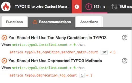Screenshot of Blackfire UI, showing “deprecated method” and “too many conditions”  alerts based on TYPO3 recommendations.
