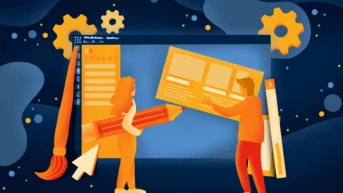Two characters are collaborating on a digital design project, one holding a large layout while the other carries a pencil. Surrounding them are design tools and elements, including a paintbrush and gears, set against a blue background.
