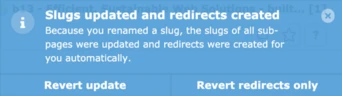 Screenshot of popup-message displaying information about generated redirects