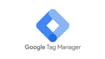 Google Tag Manager logo featuring a blue and light blue geometric shape resembling a tag, accompanied by the text "Google Tag Manager" in a modern font.