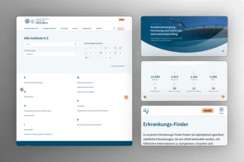 Website interface displaying a list of institutes, a search bar, and statistics related to healthcare services and research.