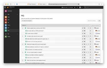 FAQ-Bereich, der eine Liste von Fragen zu einem bestimmten Thema anzeigt, mit Optionen zum Erstellen neuer Fragen und zur Suche nach bestehenden. Jede Frage bietet Bearbeitungsoptionen und die Möglichkeit zur Sprachwahl.