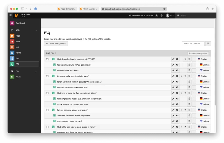 FAQ section displaying a list of questions related to a specific topic, with options to create new questions and search for existing ones. Each question has editing options and language selection available.