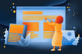 A person with curly hair stands in front of a large computer screen displaying text and graphics, while two smaller documents are positioned nearby. The overall color scheme features shades of blue and orange.