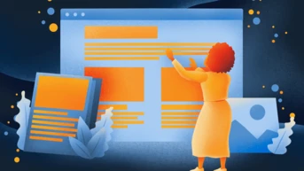 A person with curly hair stands in front of a large computer screen displaying text and graphics, while two smaller documents are positioned nearby. The overall color scheme features shades of blue and orange.