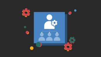 Grafik, die eine Person mit einem Zahnrad-Symbol zeigt, das für Management oder Führung steht, mit drei Figuren darunter, die Teammitglieder repräsentieren.