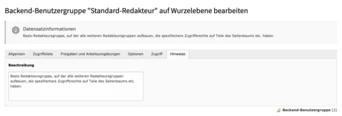 Bearbeitungsoberfläche für die Benutzergruppe „Standard-Editor“ im Backend, die Abschnitte für Dateninformationen, Beschreibung, Zugriffsrechte und Optionen anzeigt. In der Beschreibung wird sie als Basisbenutzergruppe zur Verwaltung spezifischer Zugriffsrechte bezeichnet.